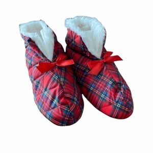 RG BARRY CORP White fur lined plaid slippers with Bow
